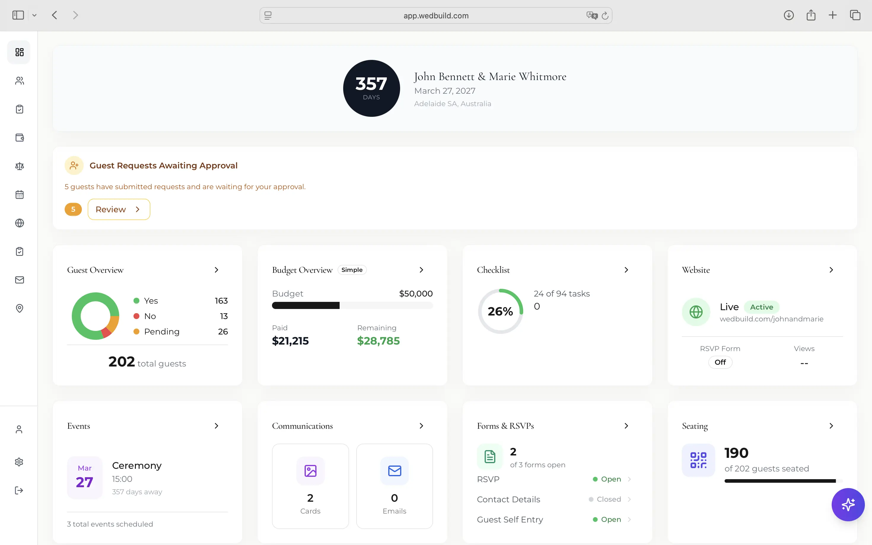 Dashboard overview showing countdown, stats, and activity